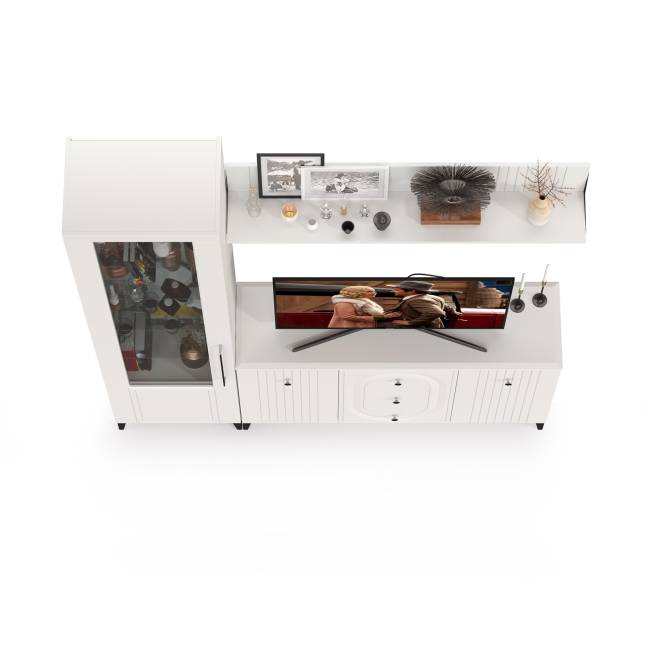 Комод-тумба под ТВ с полкой и пенал со стеклом Валенсия цвет белый шагрень