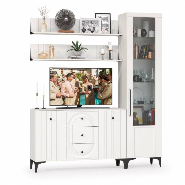 TV-тумба-комод с двумя навесными полками и пенал со стеклом в гостиную Валенсия цвет белый шагрень TV-тумба-комод с двумя навесными полками и пенал со стеклом в гостиную Валенсия цвет белый шагрень