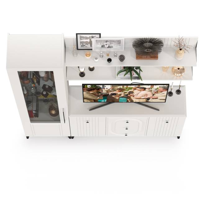 TV-тумба-комод с двумя навесными полками и пенал со стеклом в гостиную Валенсия цвет белый шагрень TV-тумба-комод с двумя навесными полками и пенал со стеклом в гостиную Валенсия цвет белый шагрень