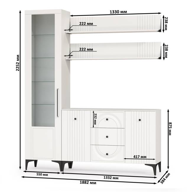 TV-тумба-комод с двумя навесными полками и пенал со стеклом в гостиную Валенсия цвет белый шагрень TV-тумба-комод с двумя навесными полками и пенал со стеклом в гостиную Валенсия цвет белый шагрень