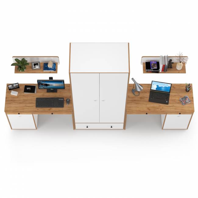 Два стола для учёбы, шкаф и две открытых полки Вуди цвет белый премиум/дуб крафт золотой