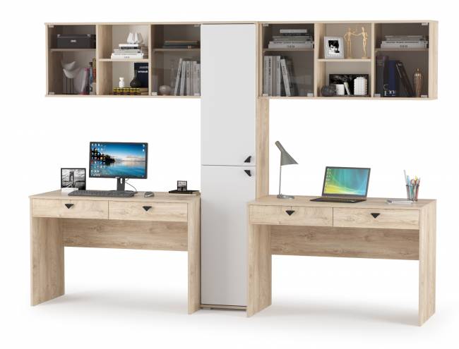 Два компьютерных стола Бостон с навесными шкафами и пеналом цвет дуб эндгрейн элегантный/фасады МДФ милк рикамо софт Два компьютерных стола Бостон с навесными шкафами и пеналом цвет дуб эндгрейн элегантный/фасады МДФ милк рикамо софт