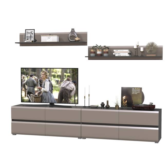 Две ТВ-тумбы с двумя навесными открытыми полками Сидней цвет антрацит/МДФ веллюто капучино Две ТВ-тумбы с двумя навесными открытыми полками Сидней цвет антрацит/МДФ веллюто капучино