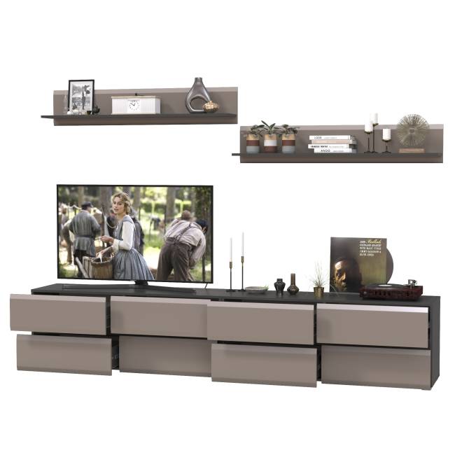 Две ТВ-тумбы с двумя навесными открытыми полками Сидней цвет антрацит/МДФ веллюто капучино Две ТВ-тумбы с двумя навесными открытыми полками Сидней цвет антрацит/МДФ веллюто капучино