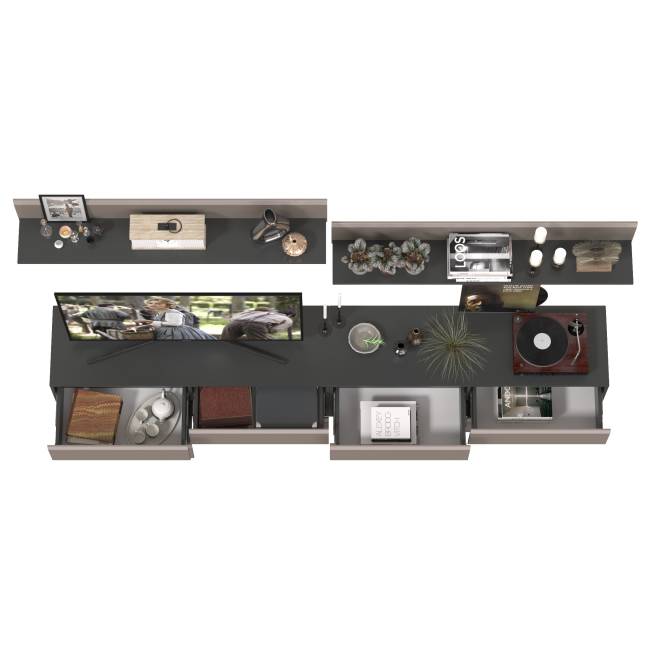 Две ТВ-тумбы с двумя навесными открытыми полками Сидней цвет антрацит/МДФ веллюто капучино Две ТВ-тумбы с двумя навесными открытыми полками Сидней цвет антрацит/МДФ веллюто капучино