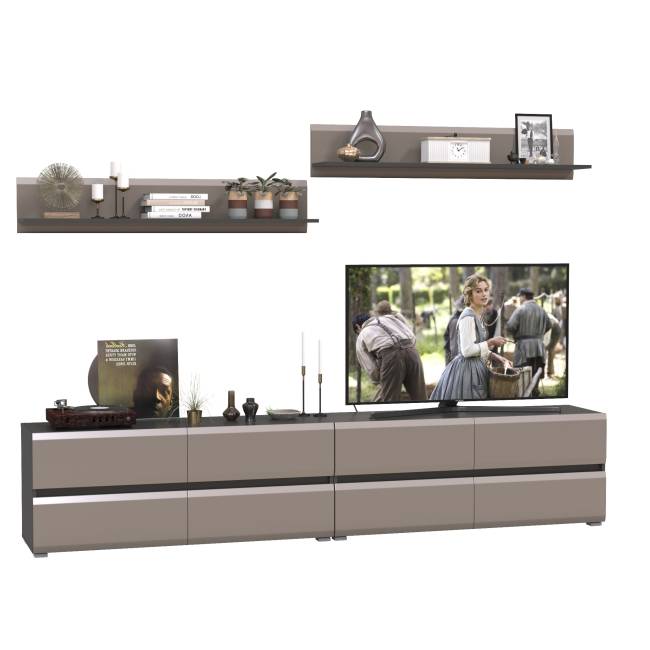 Две ТВ-тумбы с двумя навесными открытыми полками Сидней цвет антрацит/МДФ веллюто капучино Две ТВ-тумбы с двумя навесными открытыми полками Сидней цвет антрацит/МДФ веллюто капучино