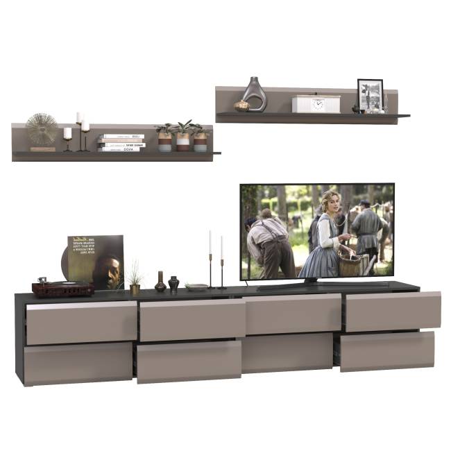 Две ТВ-тумбы с двумя навесными открытыми полками Сидней цвет антрацит/МДФ веллюто капучино Две ТВ-тумбы с двумя навесными открытыми полками Сидней цвет антрацит/МДФ веллюто капучино