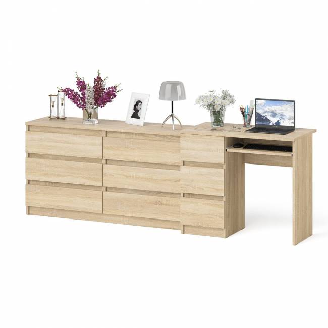Широкий комод Мори МК1380.6 и стол компьютерный МС-6 три ящика слева цвет дуб сонома Широкий комод Мори МК1380.6 и стол компьютерный МС-6 три ящика слева цвет дуб сонома