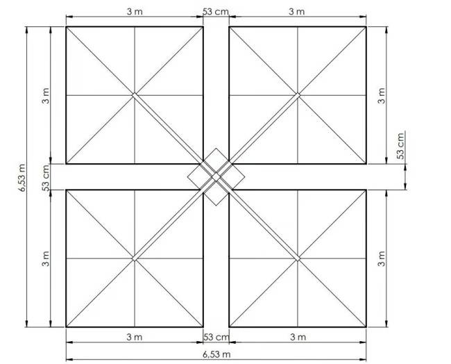 Зонт профессиональный четырехкупольный 6.53х6.53 м Banana Quadro 6530х6530 мм